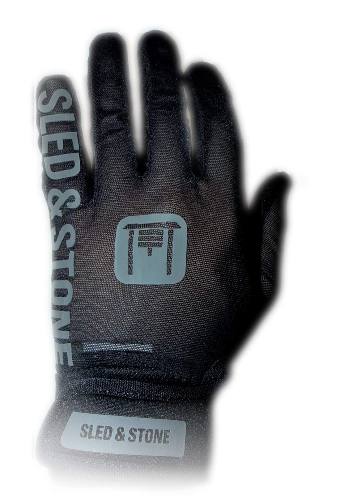 Back of the Sled & Stone glove: sheer black mesh, sled mark, wordmark down the edge