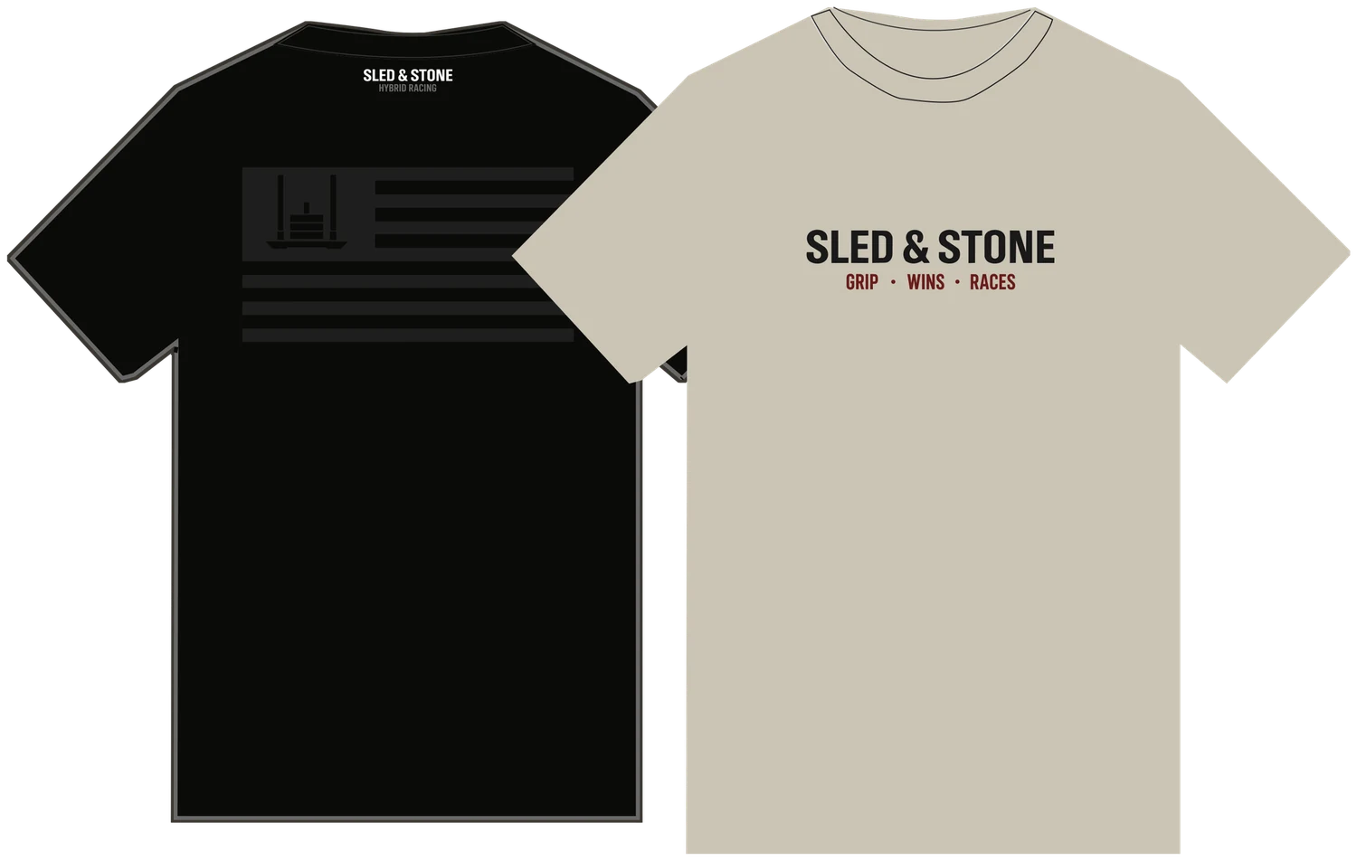 The Grip Wins Races tee: sand front and black back with the tonal flag